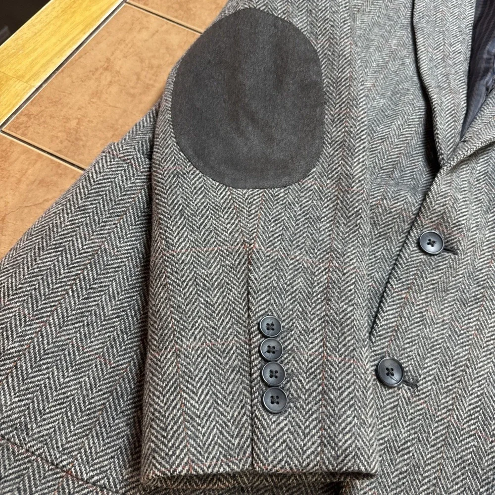 Joe Joseph Abboud Tweed Gray Herringbone Wool Blazer Jacket Sz 44R Elbow Pads
